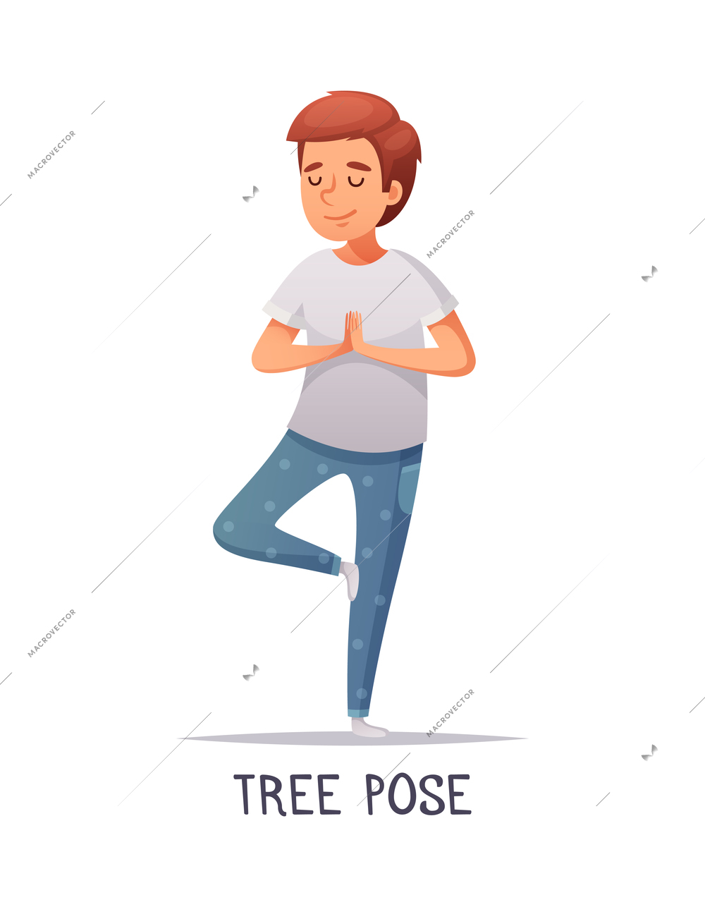 Kids yoga composition with text and isolated character of cartoon boy in tree pose vector illustration