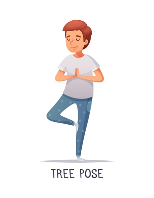 Kids yoga composition with text and isolated character of cartoon boy in tree pose vector illustration
