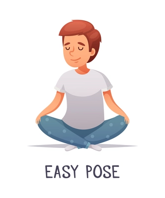 Kids yoga composition with text and isolated character of cartoon boy in easy pose vector illustration
