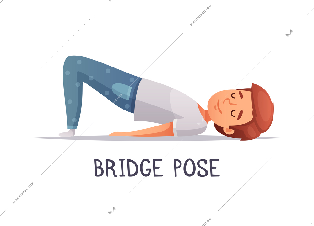 Kids yoga composition with text and isolated character of cartoon boy in bridge pose vector illustration