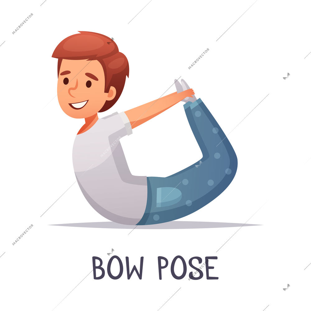 Kids yoga composition with text and isolated character of cartoon boy in bow pose vector illustration