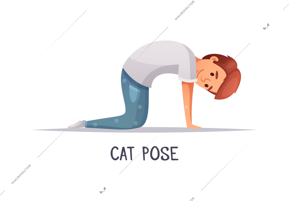 Kids yoga composition with text and isolated character of cartoon boy in cat pose vector illustration