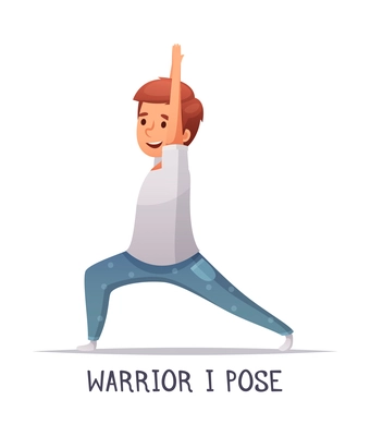 Kids yoga composition with text and isolated character of cartoon boy in warrior pose vector illustration