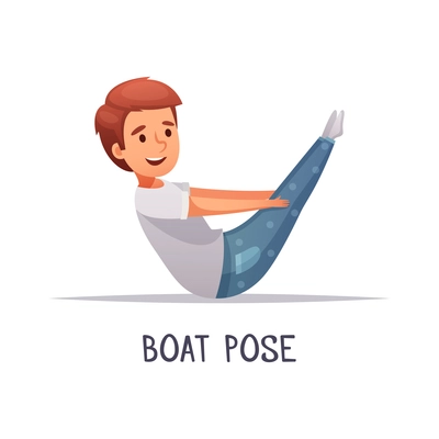 Kids yoga composition with text and isolated character of cartoon boy in boat pose vector illustration