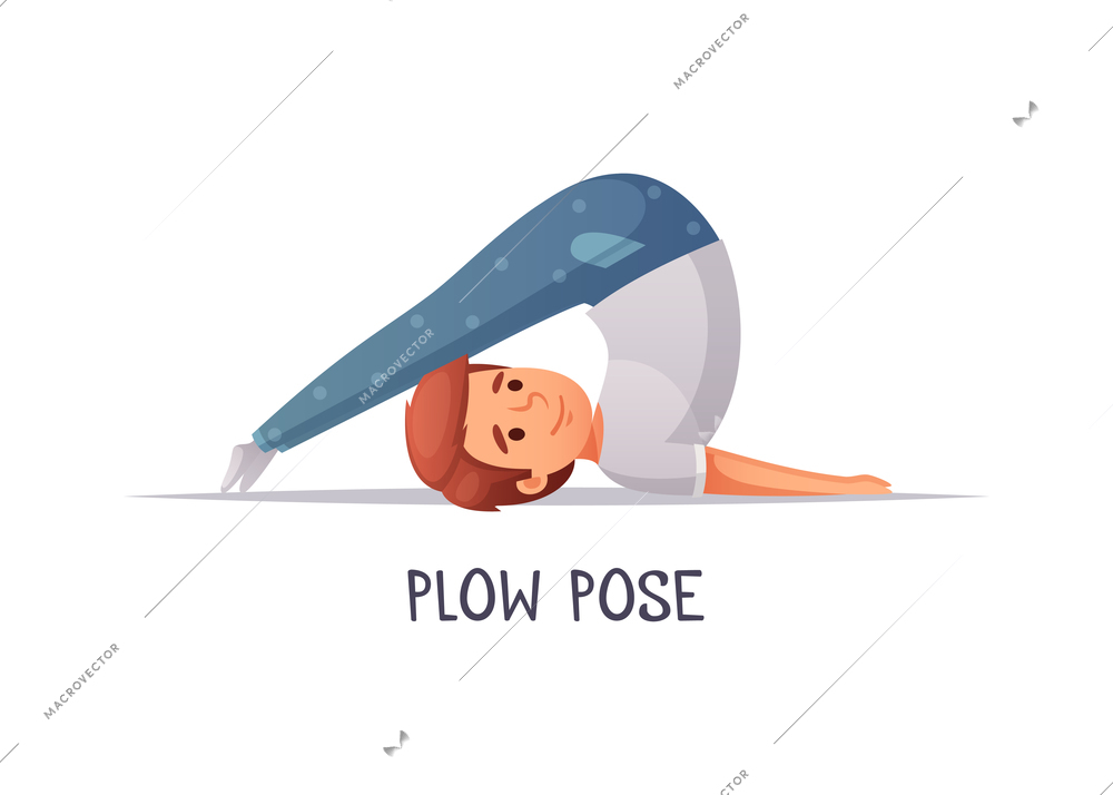Kids yoga composition with text and isolated character of cartoon boy in plow pose vector illustration