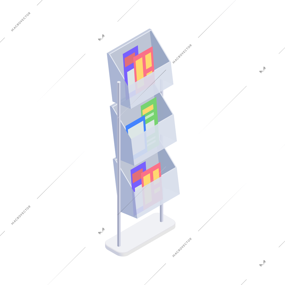 Promotion exhibition expo stands isometric composition with isolated image of boxes with leaflets on blank background vector illustration