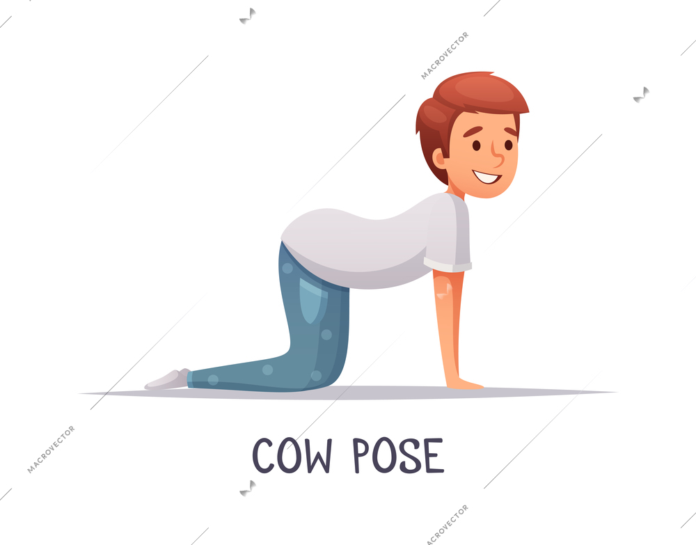 Kids yoga composition with text and isolated character of cartoon boy in cow pose vector illustration