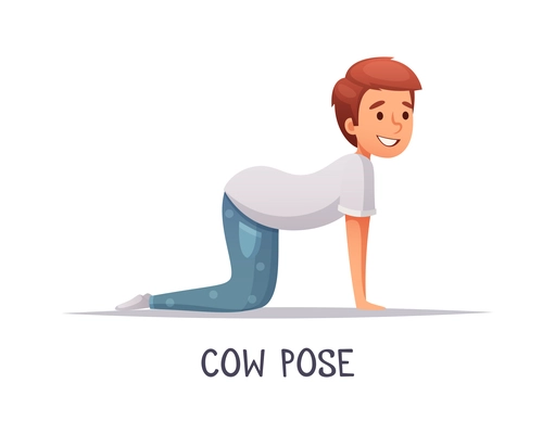 Kids yoga composition with text and isolated character of cartoon boy in cow pose vector illustration