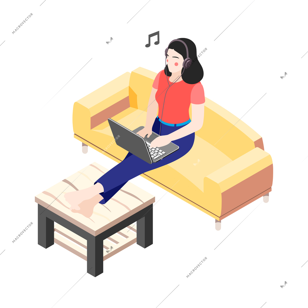 Women and technology isometric composition with female character sitting on sofa listening to music on laptop vector illustration