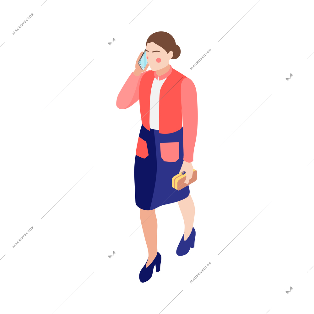 Women and technology isometric composition with character of walking woman holding bag talking by phone vector illustration