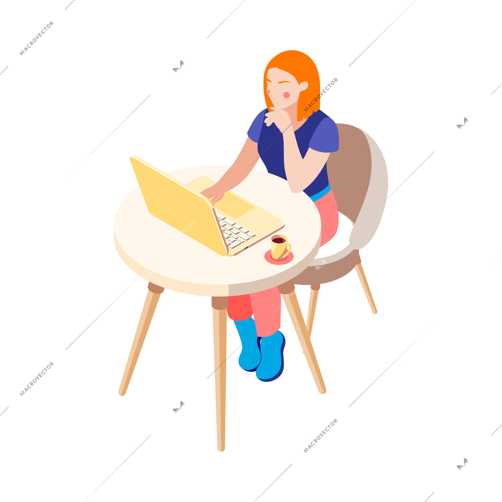 Women and technology isometric composition with character of woman sitting at table with coffee and laptop vector illustration