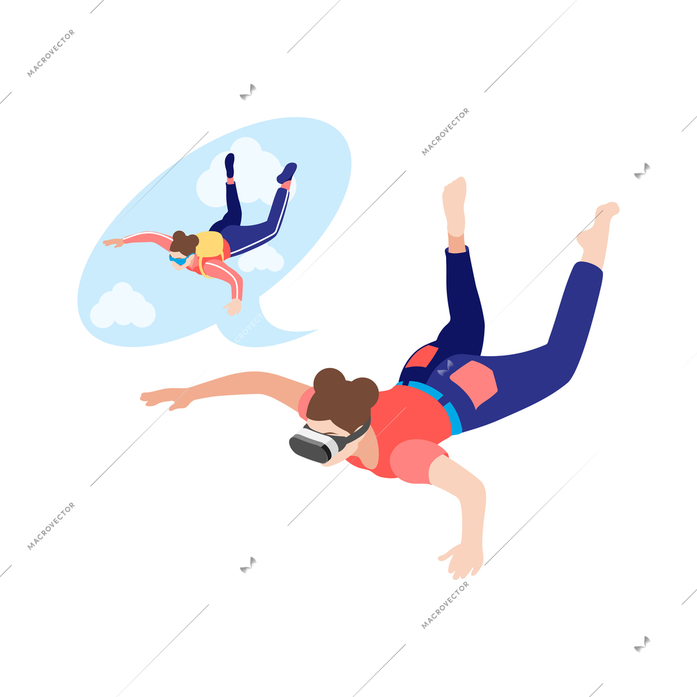 Women and technology isometric composition with girl falling in vr glasses simulating parachute jump vector illustration