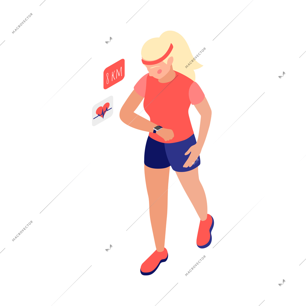 Women and technology isometric composition with character of athletic woman looking at smart watch with sensors vector illustration