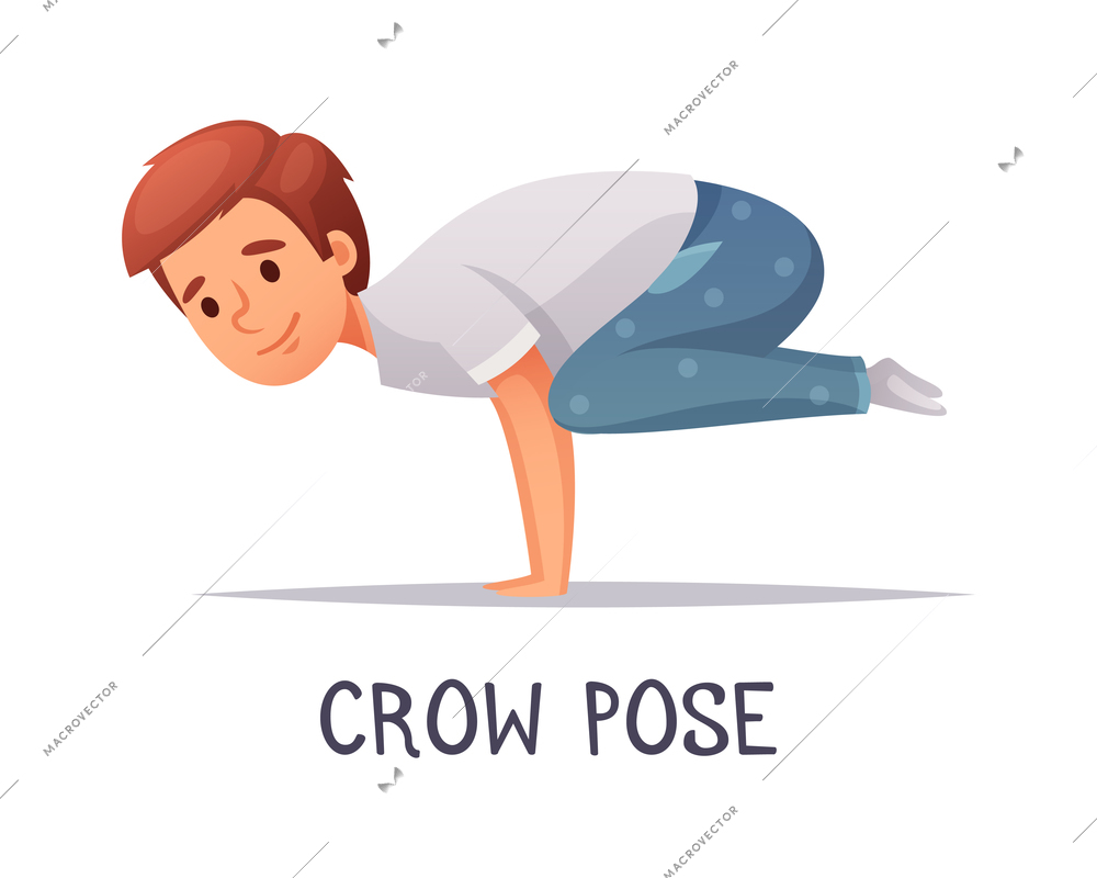 Kids yoga composition with text and isolated character of cartoon boy in crow pose vector illustration