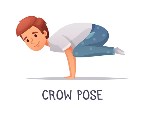 Kids yoga composition with text and isolated character of cartoon boy in crow pose vector illustration