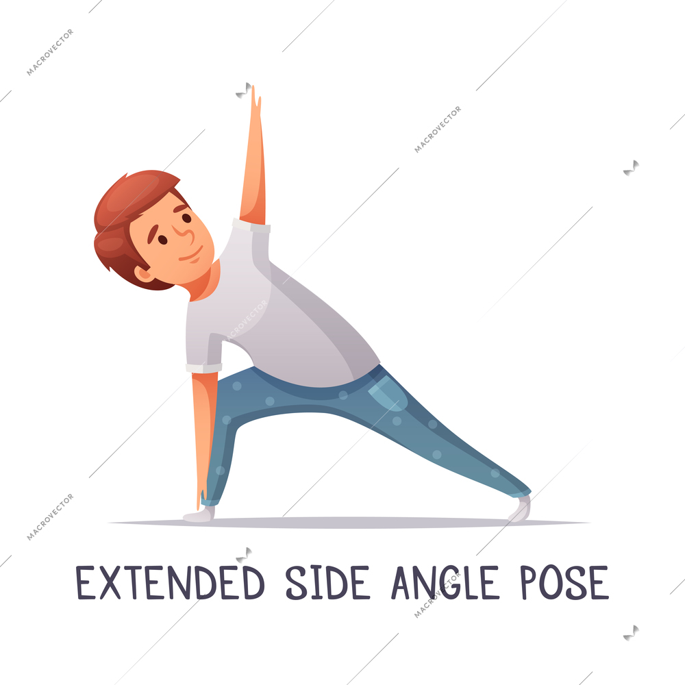 Kids yoga composition with text and isolated character of cartoon boy in extended side angle pose vector illustration