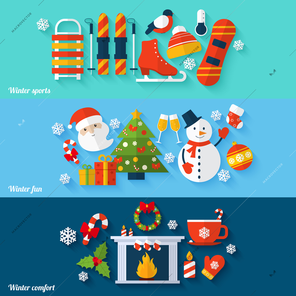 Winter sports fun comfort flat banners set isolated vector illustration