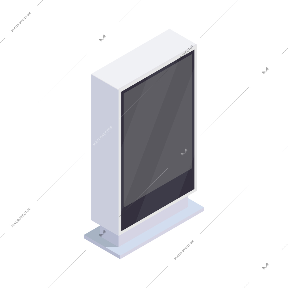 Promotion exhibition expo stands isometric composition with isolated image of vertical tv stand on blank background vector illustration