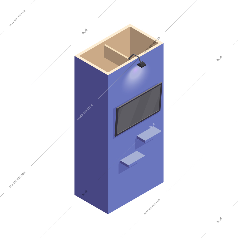 Promotion exhibition expo stands isometric composition with isolated image of cabinet with screen on blank background vector illustration