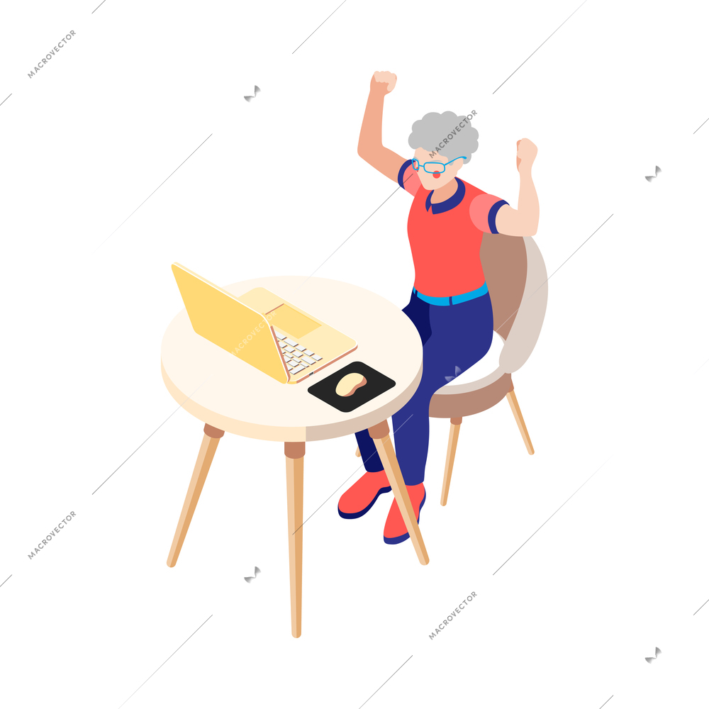 Women and technology isometric composition with happy female character sitting at table with laptop vector illustration