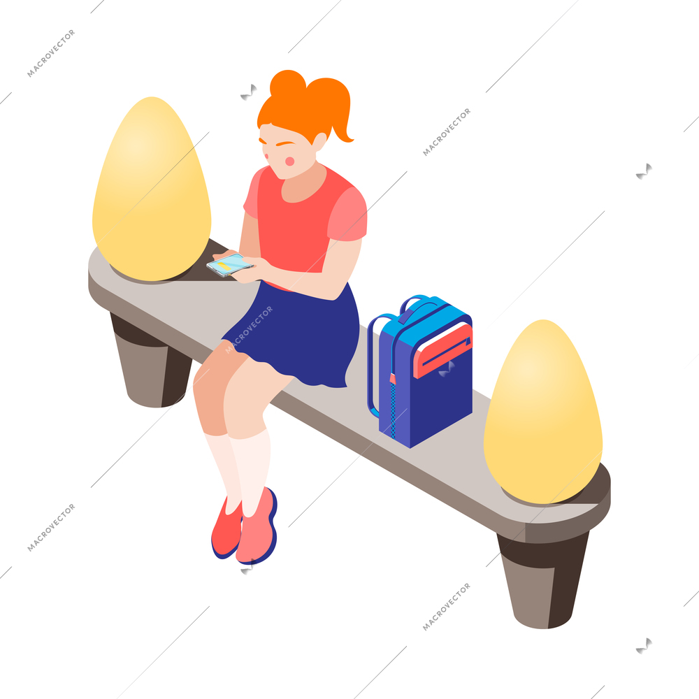 Women and technology isometric composition with character of schoolgirl sitting on bench with smartphone and backpack vector illustration