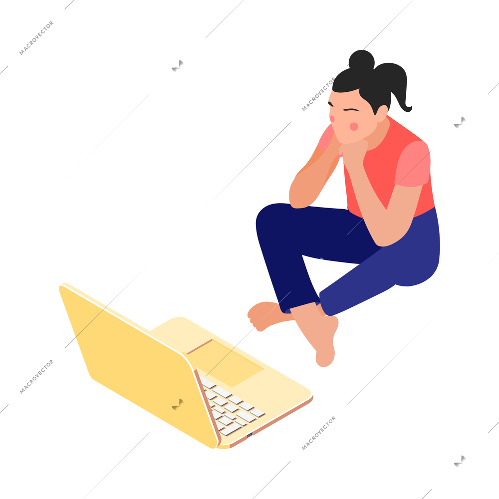 Women and technology isometric composition with character of meditative girl sitting on floor with laptop vector illustration