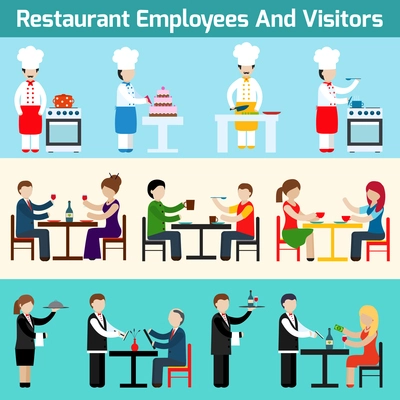 Restaurant waiters employees and visitors flat banner set isolated vector illustration