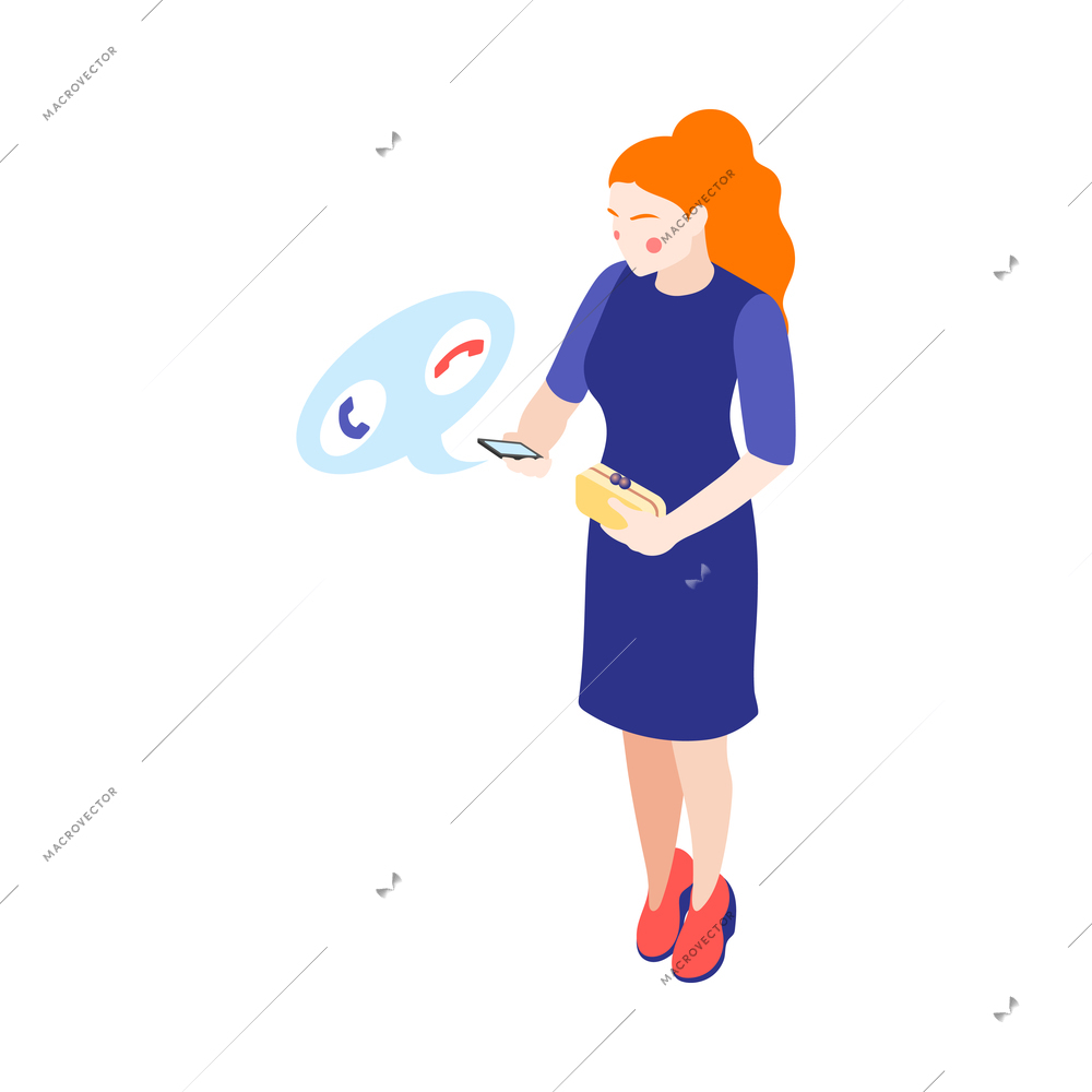 Women and technology isometric composition with character of woman holding bag and ringing smartphone vector illustration