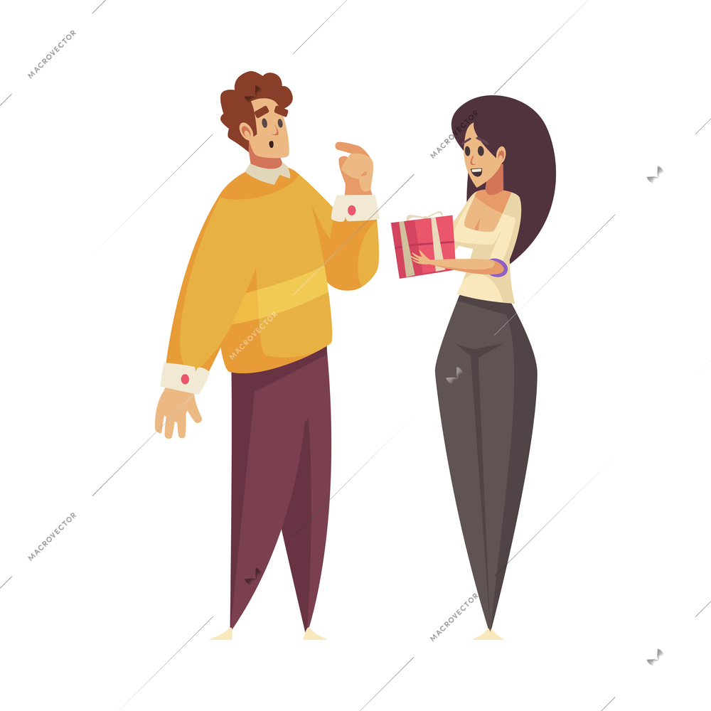 Gift present giving composition with cartoon characters of loving couple with woman holding gift box vector illustration