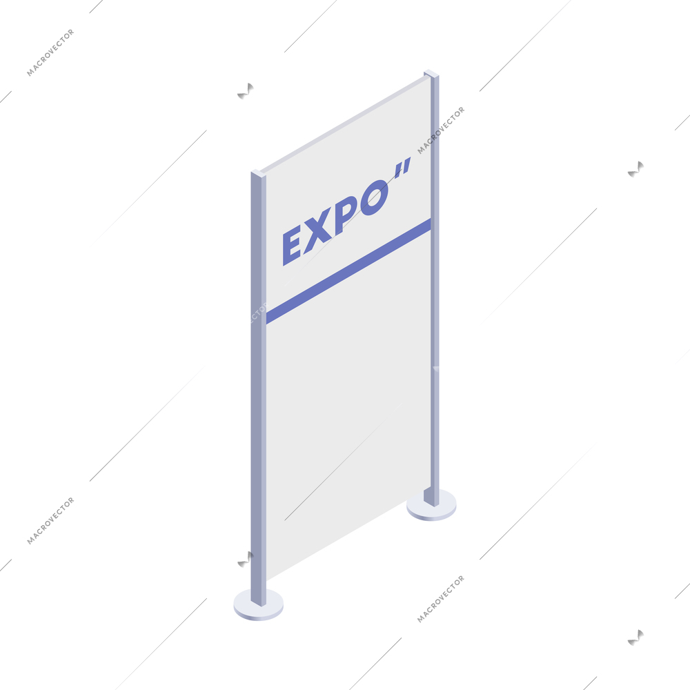 Promotion exhibition expo stands isometric composition with isolated image of navigation text stand on blank background vector illustration