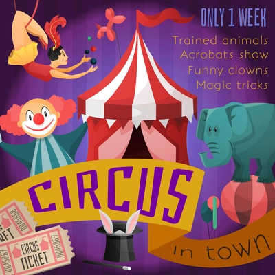 Circus retro poster with trained animals acrobats show funny clowns magic tricks vector illustration