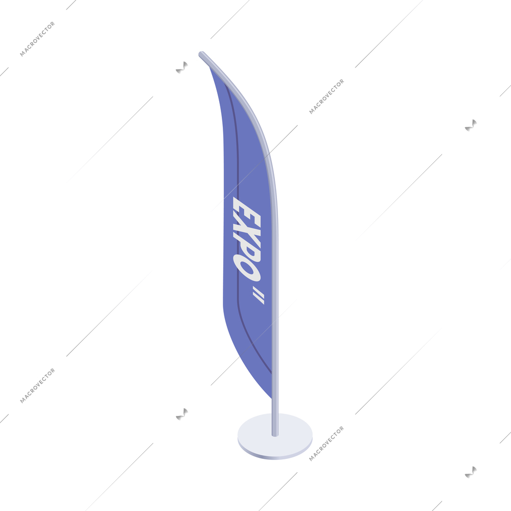 Promotion exhibition expo stands isometric composition with isolated image of tall pole flag on blank background vector illustration