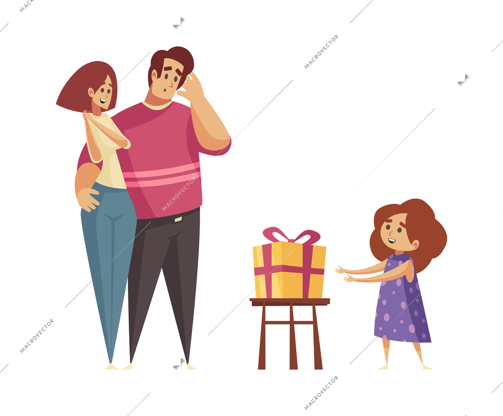 Gift present giving composition with cartoon characters of parents and little girl with gift box vector illustration