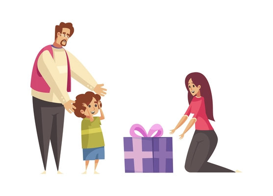 Gift present giving composition with cartoon characters of surprised family members with gift box vector illustration