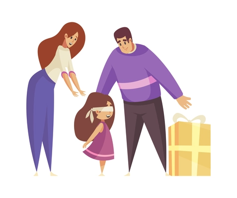 Gift present giving composition with cartoon characters of parents and blindfolded daughter with gift box vector illustration