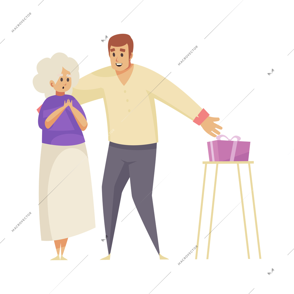 Gift present giving composition with cartoon characters of adult man giving present to elderly mother vector illustration