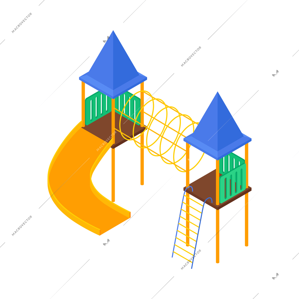 Isometric kids playground composition with isolated image of towers with slide and ladders on blank background vector illustration