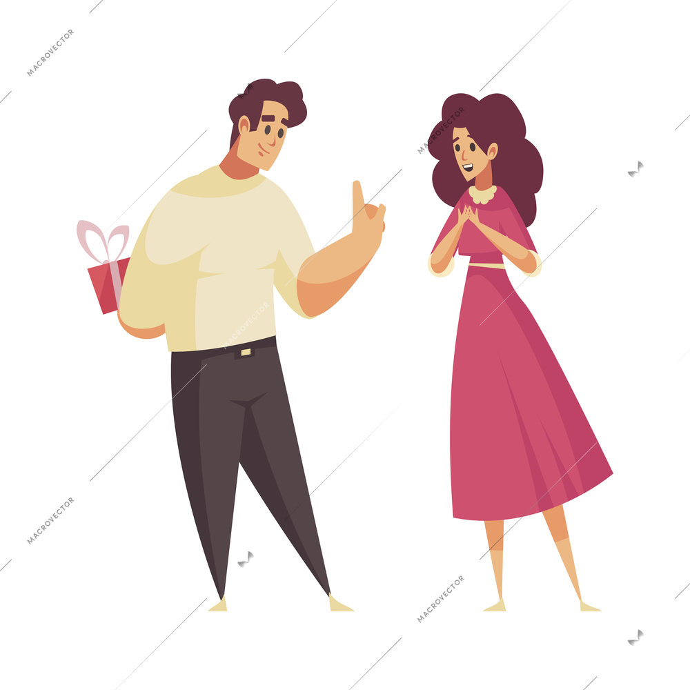 Gift present giving composition with cartoon characters of loving couple with man hiding gift box vector illustration