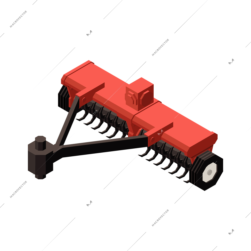 Orchard machinery isometric composition with isolated image of trailer for turning up soil on blank background vector illustration