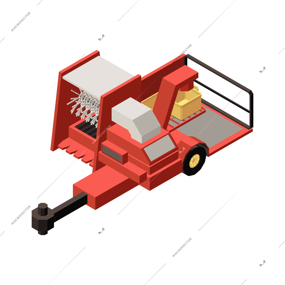 Orchard machinery isometric composition with isolated image of combine harvester trailer on blank background vector illustration