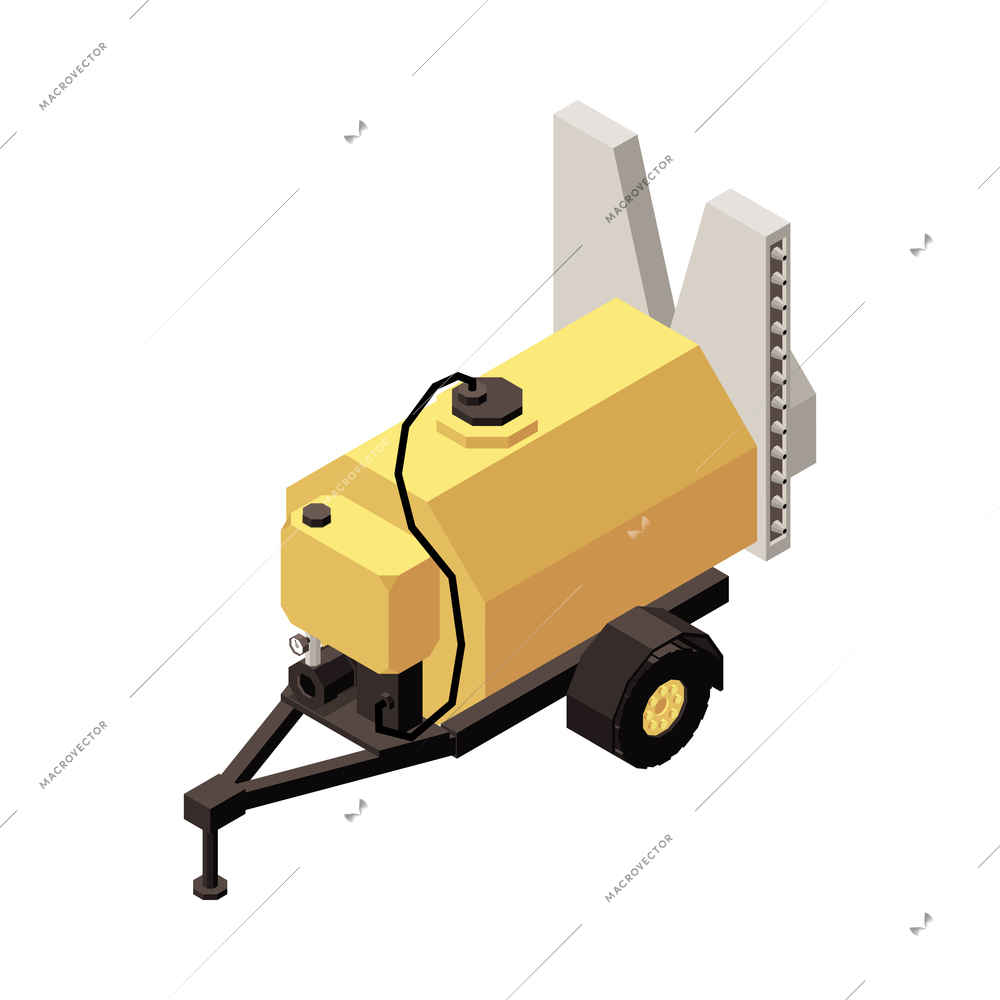 Orchard machinery isometric composition with isolated image of wheeled apparatus for soil spraying on blank background vector illustration