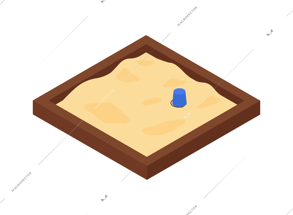 Isometric kids playground composition with isolated image of square sand pit with bucket on blank background vector illustration