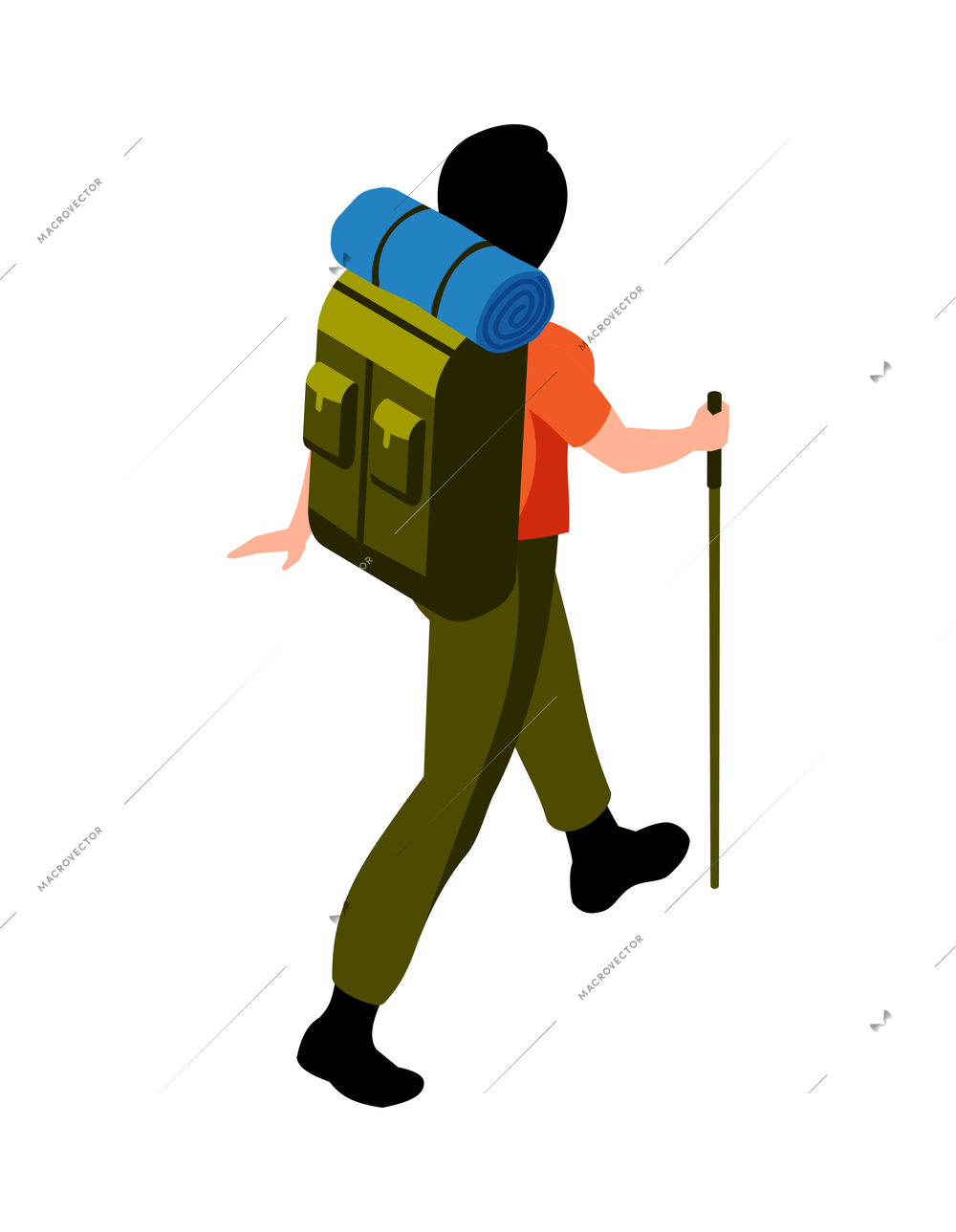 Isometric camping hiking active lifestyle vacation isometric composition with person walking with backpack and sticks vector illustration