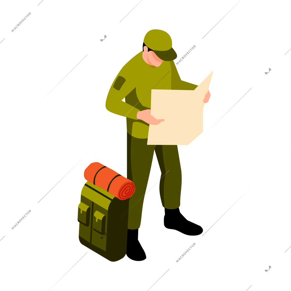 Isometric camping hiking active lifestyle vacation isometric composition with backpack and man holding paper map vector illustration