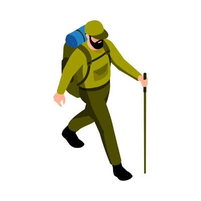 Isometric camping hiking active lifestyle vacation isometric composition with isolated bearded man walking with stick vector illustration