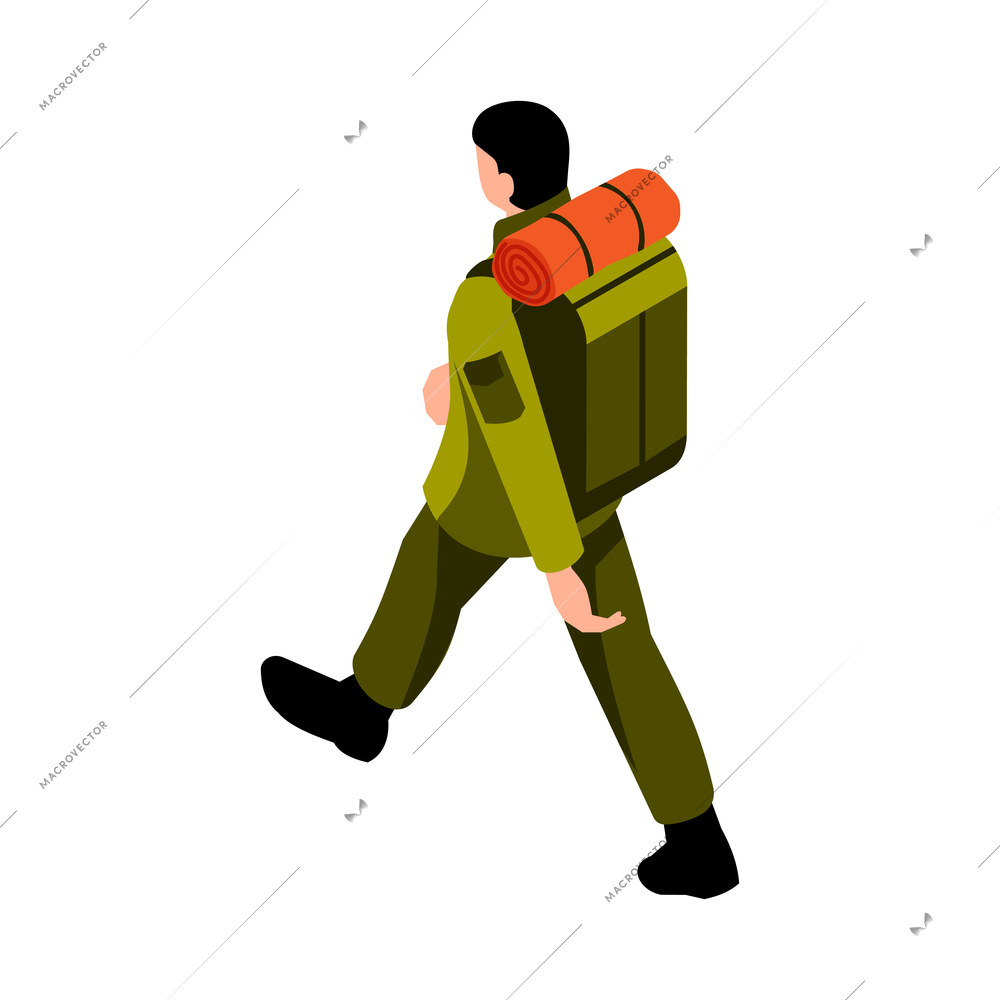 Isometric camping hiking active lifestyle vacation isometric composition with isolated character of hiker with backpack vector illustration