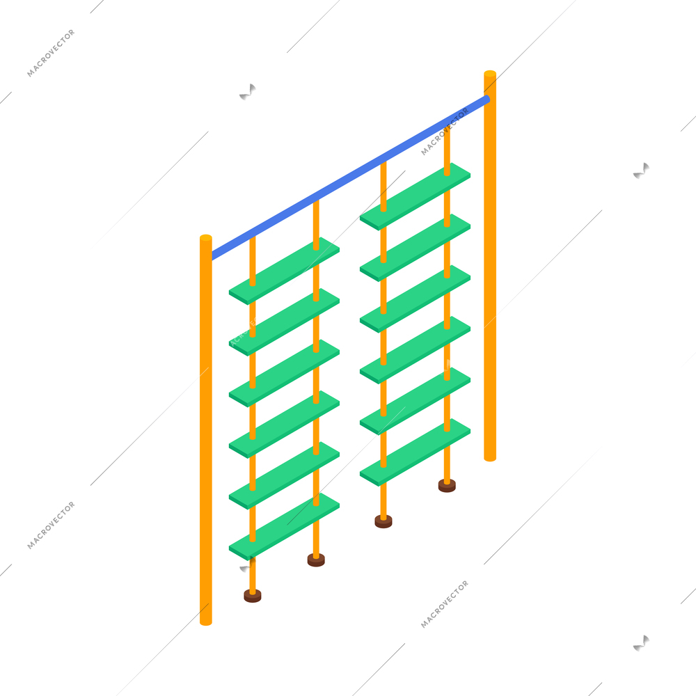 Isometric kids playground composition with isolated image of stand with two hanging ladders on blank background vector illustration