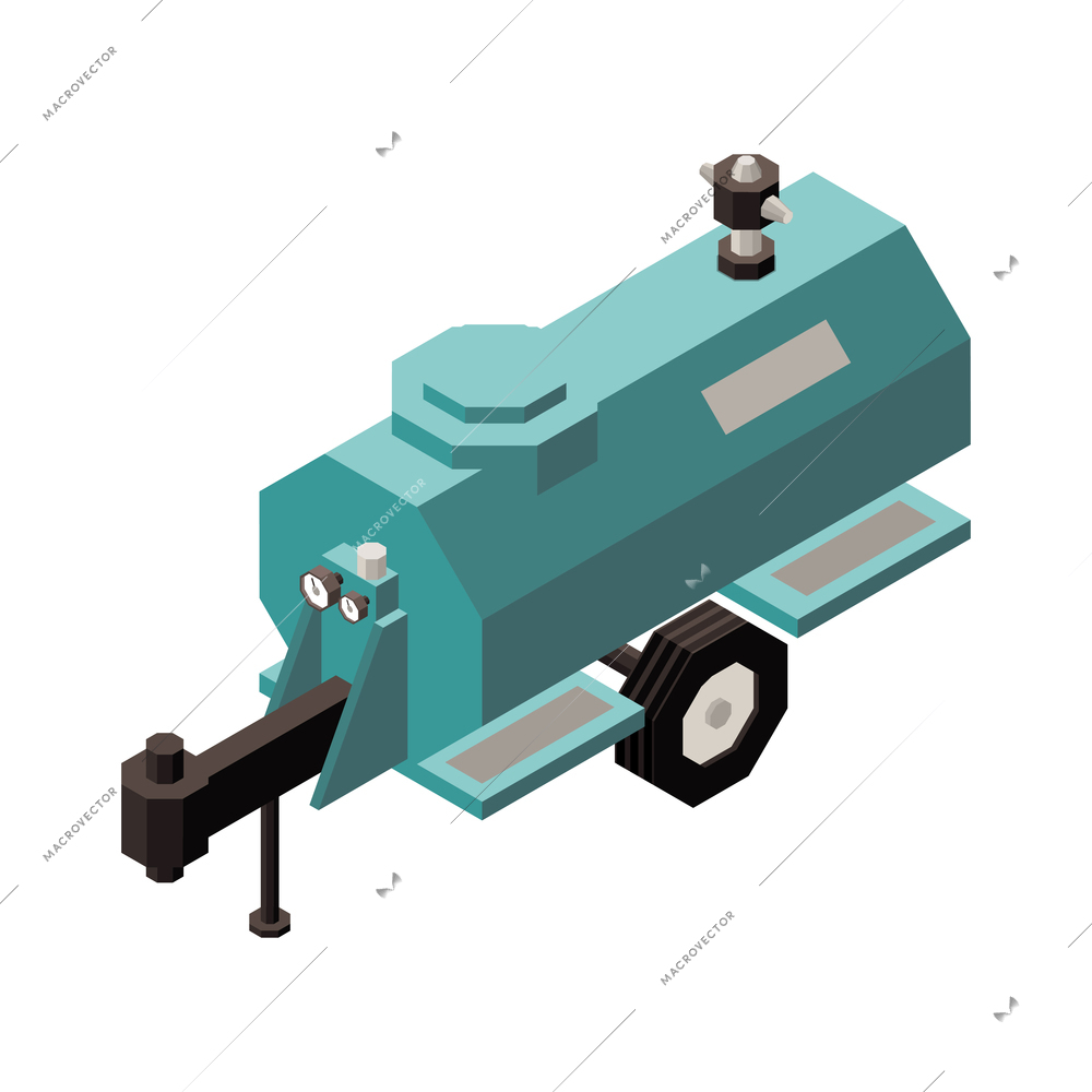 Orchard machinery isometric composition with isolated image of wheeled trailer with water tank on blank background vector illustration