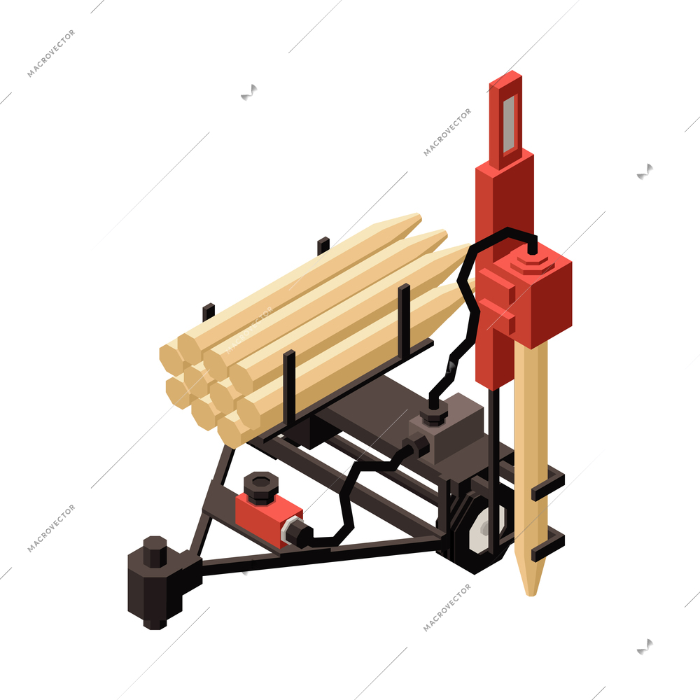 Orchard machinery isometric composition with isolated image of apparatus for loading trunks on blank background vector illustration