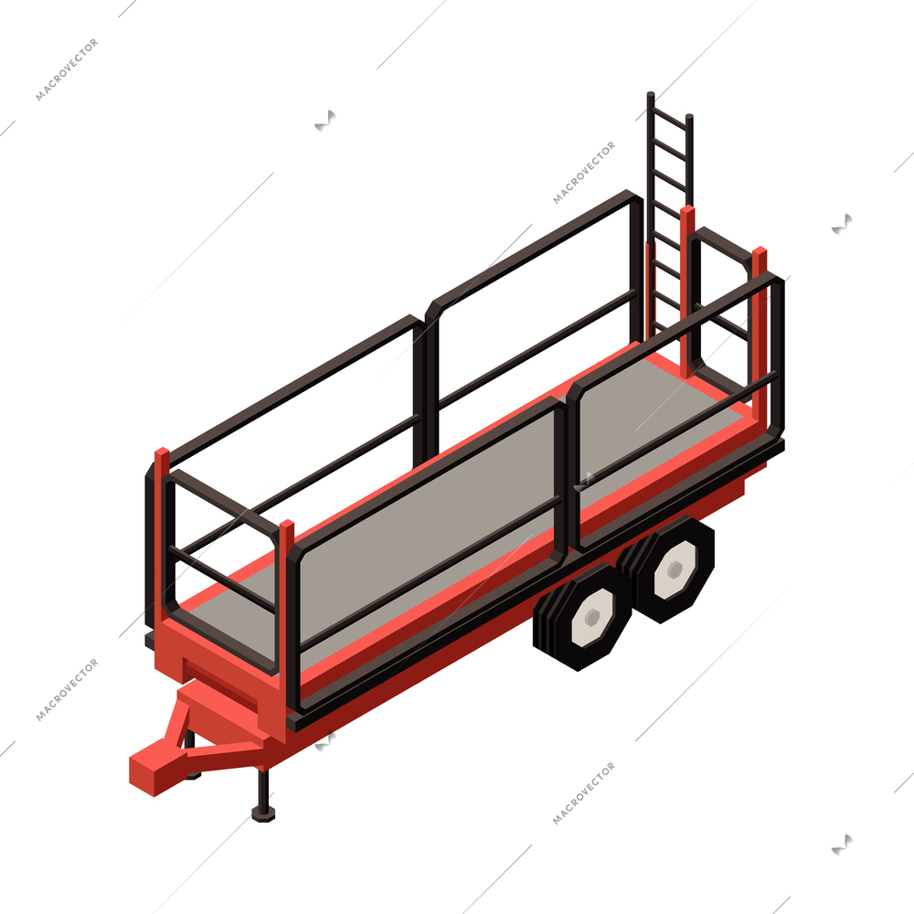 Orchard machinery isometric composition with isolated image of wheeled trailer on blank background vector illustration